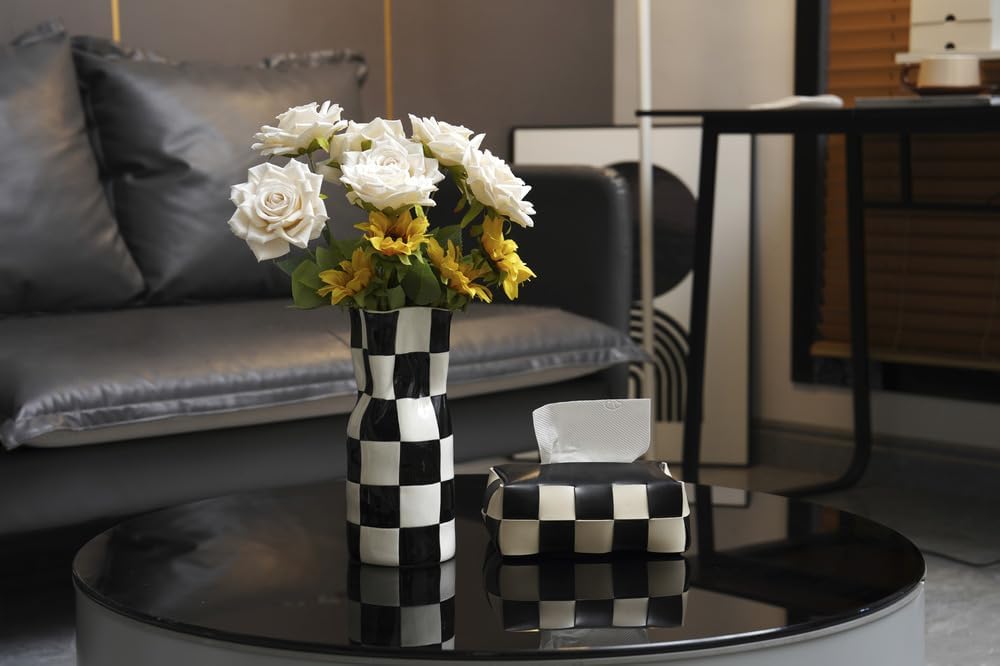 Ceramic Modern Checker Vase for Home Decor, Aesthetic Decoration for Livng Room, Bedroom, Kitchen, Minimalism Abstract Flower Vase Boho Chi, Wabi-Sabi, Hand-Pinched Pottery