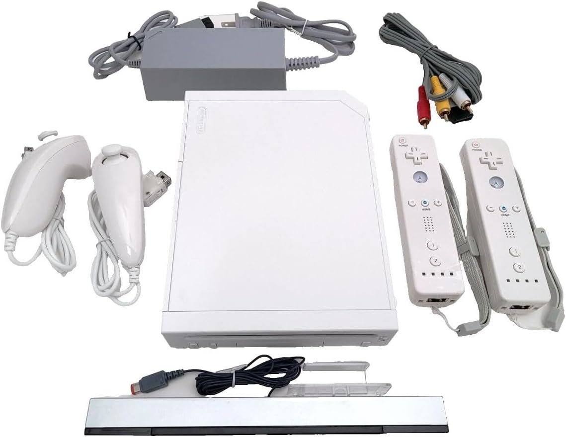 Wii Nintendo Console Bundle – White RVL-001 System Compatible with GameCube Games – Includes 2 Up to Date Remote Controllers, 2 Nunchucks, Sensor Bar, AV Cable, AC Adapter – Ready to Play (Renewed)