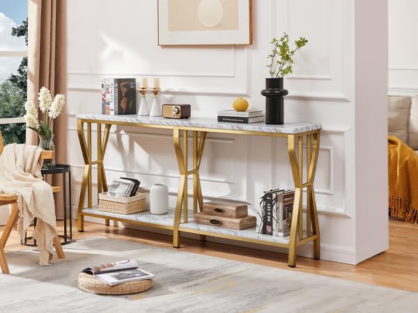 HOMISSUE Sofa Console Table, 63" Extra Long Sofa Table with 2-Tier Storage, Industrial Narrow Console Tables Behind Couch, Hallway Table for Entryway, Living Room，Gold
