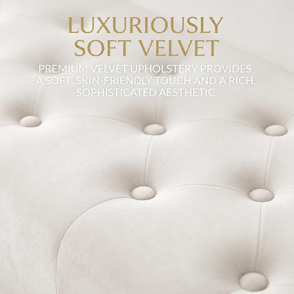 Velvet Button-Tufted Entryway Bench, 39.37" Modern Upholstered Bedroom Bench with Gold Metal Legs, Padded Rectangular End of Bed Bench for Living Room, Dining Room (White)