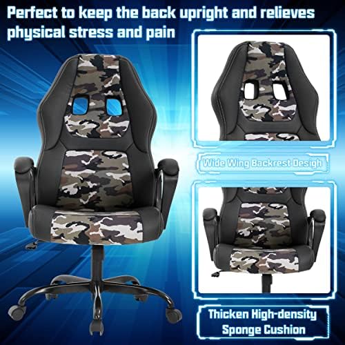 Dkeli Gaming Chair PC Computer Chair Office Chair for Adult Teen Kids, Ergonomic PU Leather Gamer Chair with Lumbar Support High Back Adjustable Rolling Swivel Desk Chair, Camo