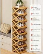 No-Assembly Bamboo Shoes Rack, Foldable Vertical Corner Shoe Organizer, Multifunctional Narrow Shoe Shelf for Entryway, Closet, Bedroom, Hallway (Brown, 5-Tier)