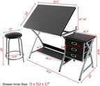 Yaheetech Drafting Desk, Drawing Table for Artists/Adults, Art Desk w/Stool and 3 Slide Drawers, Painting Studio Design Work Station, Adjustable Tabletop, Modern, 50.5 x 24 x 45 inch