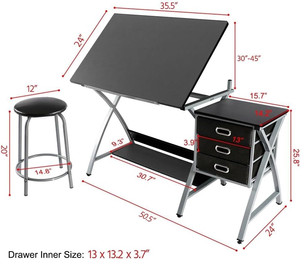 Yaheetech Drafting Desk, Drawing Table for Artists/Adults, Art Desk w/Stool and 3 Slide Drawers, Painting Studio Design Work Station, Adjustable Tabletop, Modern, 50.5 x 24 x 45 inch