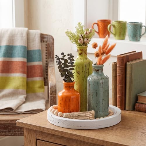 5 Pcs Rustic Country Tabletop Centerpieces Decor Set of 3 Boho Ceramic Vases with Wooden Serving Tray Wood Bead Garland Tassels Table Holder for Home Decorations(Mexican Color)