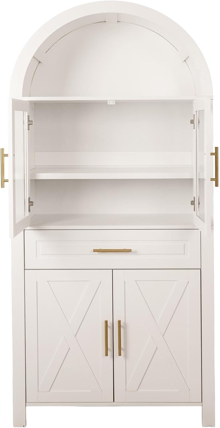 ZeHuoGe 70.8" Tall Arched Kitchen Pantry Cabinet with Glass Door, Farmhouse Storage Pantry Cabinet with Adjustable Shelves & Barn Door Design for Kitchen, Living & Dining Room (White)