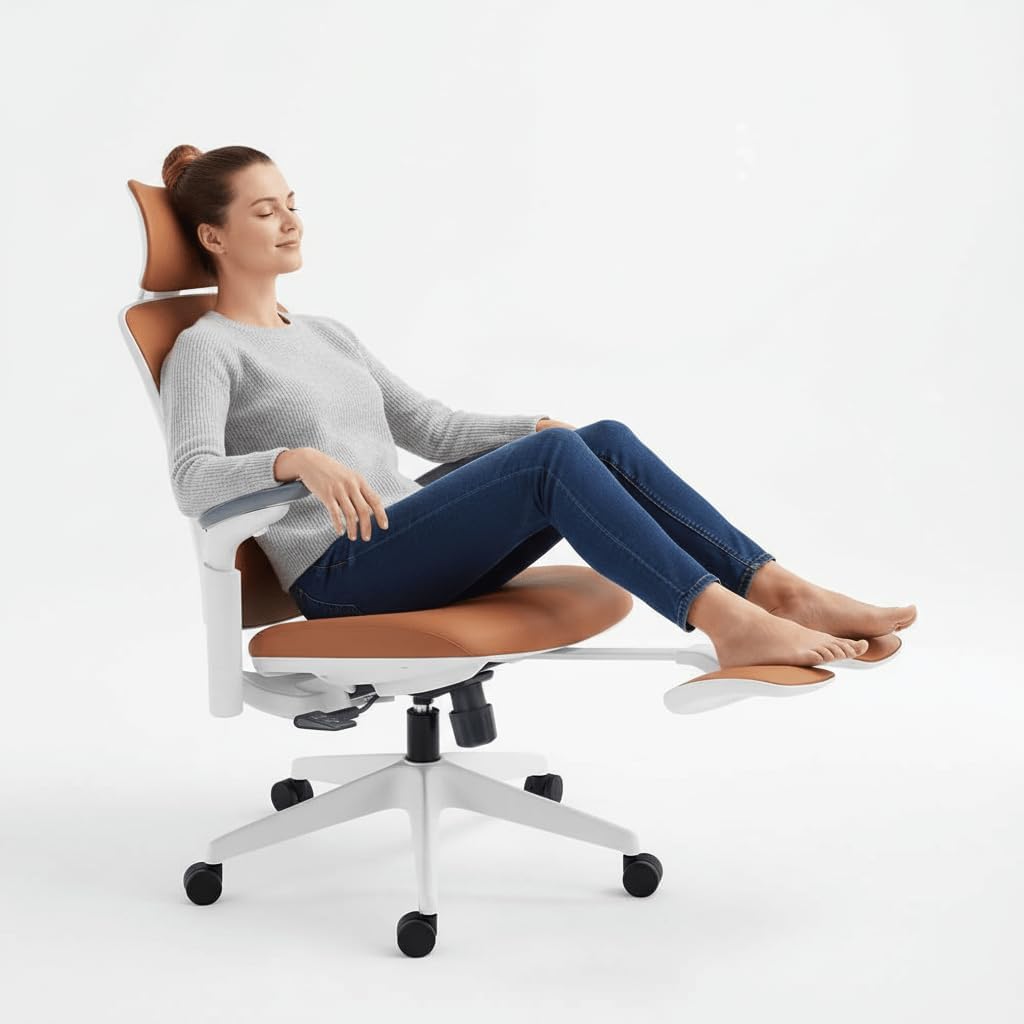 Sunaofe Boss Pro Leather Ergonomic Office Chair with Footrest - Executive Chair, 4D Armrests, Adaptive Lumbar, 125° Recline, 300lb Capacity, 5-Year Warranty White Frame/Brown
