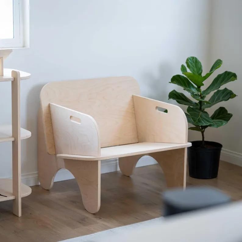 Kids Wooden Bench, Modern Plywood Toddler Seat, Natural Wood Child Chair for Playroom Bedroom, Sturdy Durable Kids Seating, 1 Pack