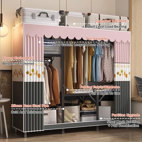 Folding Wardrobe,Fabric Cabinet,Foldable Coat Rack with Clothes Rails,Cloth Wardrobes for Bedroom Single,Canvas Folding Wardrobe Storage,Pink Gray