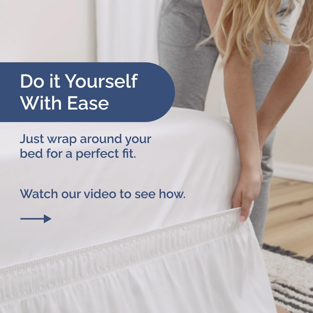 Wrap Around Dust Ruffle Bed Skirt - White - for Queen Size Beds with 12 Inch Drop - Easy Fit Elastic Strap - Adjustable Pleated Bedskirt w/Brushed Fabric - Wrinkle Free - for Women, Men, Kids & Teens