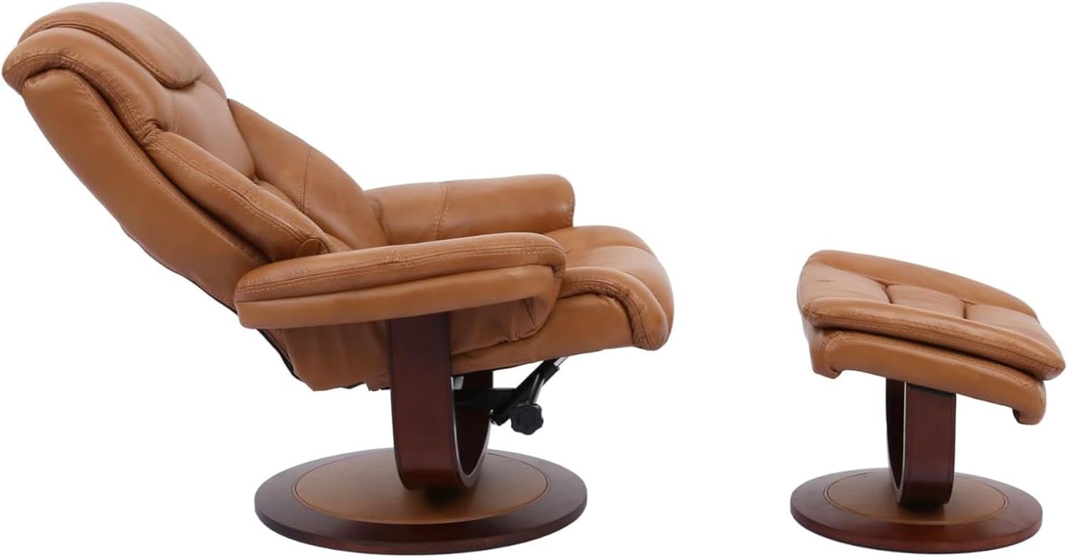 Pemberly Row Stressless Recliner with Ottoman in Brown Leather, Manual Swivel Recliner Chair for Living Room Comfort