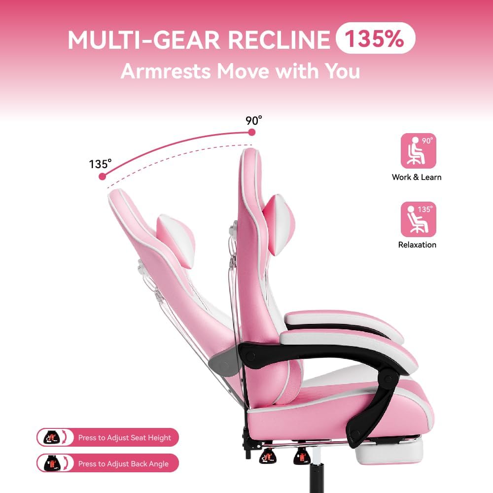 Video Gaming Chair, Ergonomic Computer Chair with Massage Lumbar Support, 90°-135° Reclining High Back Gaming Chair with Footrest, Adjustable Height 360° Swivel PU Leather Office Chair for Adults