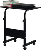 Height Adjustable Sofa Side Table Wood End Table with Wheels, Small Rolling Bedside Laptop Snack Table, Wooden Top & Metal Frame (Black)