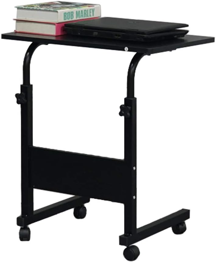 Height Adjustable Sofa Side Table Wood End Table with Wheels, Small Rolling Bedside Laptop Snack Table, Wooden Top & Metal Frame (Black)