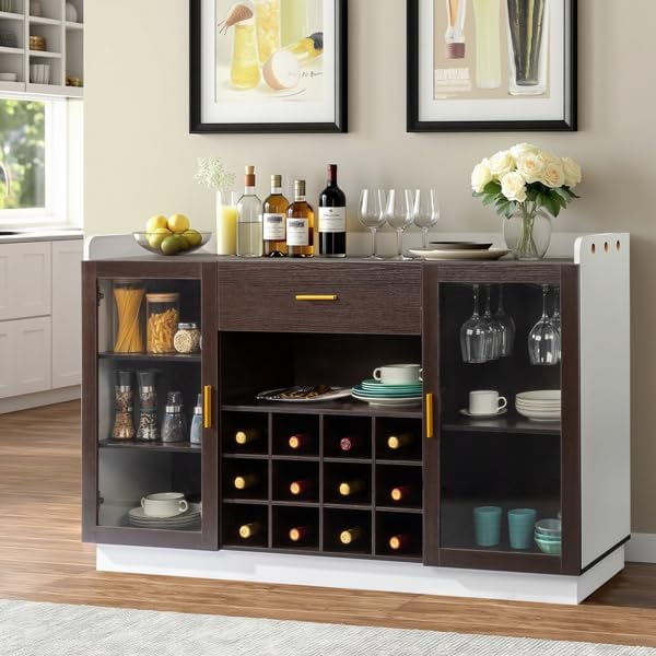 Farmhouse Wines Bar Cabinet Kitchen Coffee Bar Cabinet, Wine Bottle Rack Cabinet 12-Bottle Wine Rack Sideboard - Wines Storage for Bar, Pantry, Storage Shelves,Buffet Sideboard for Dining Room