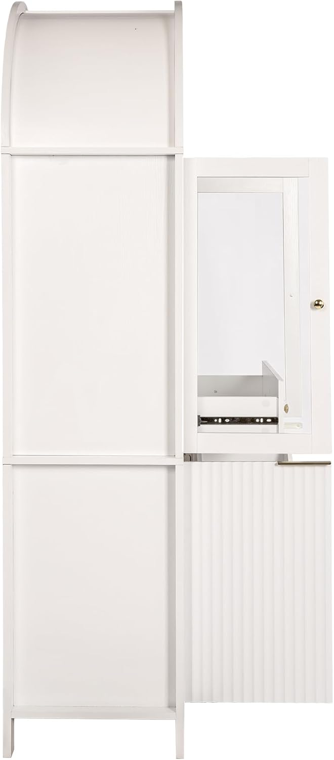 Fluted Tall Pantry Cabinet with Glass Door & Adjustable Shelves for Kitchen Storage and Living Room, Modern Farmhouse Arched Display Cabinet (White)