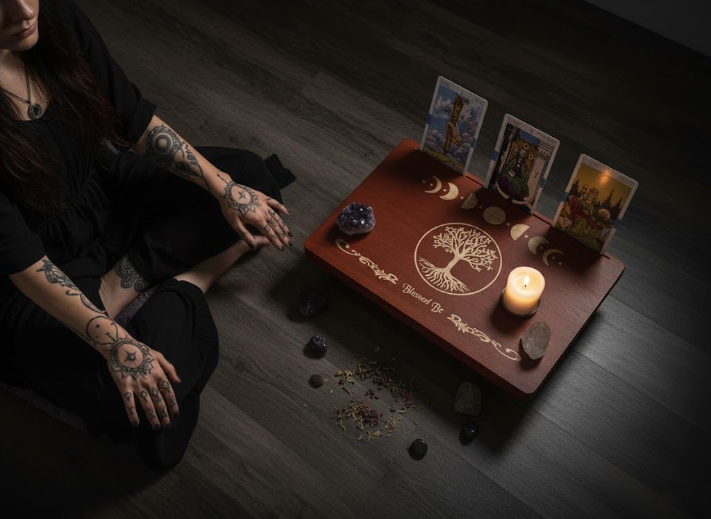 Altar Table, Tarot Card Holder, Meditation Table, Small Altar Table, Wooden Witch Altar, Wiccan Alter Table, Buddhist Shrine, Engraved Moon Phase and The Tree of Life on Table Top, 12 × 8 inches