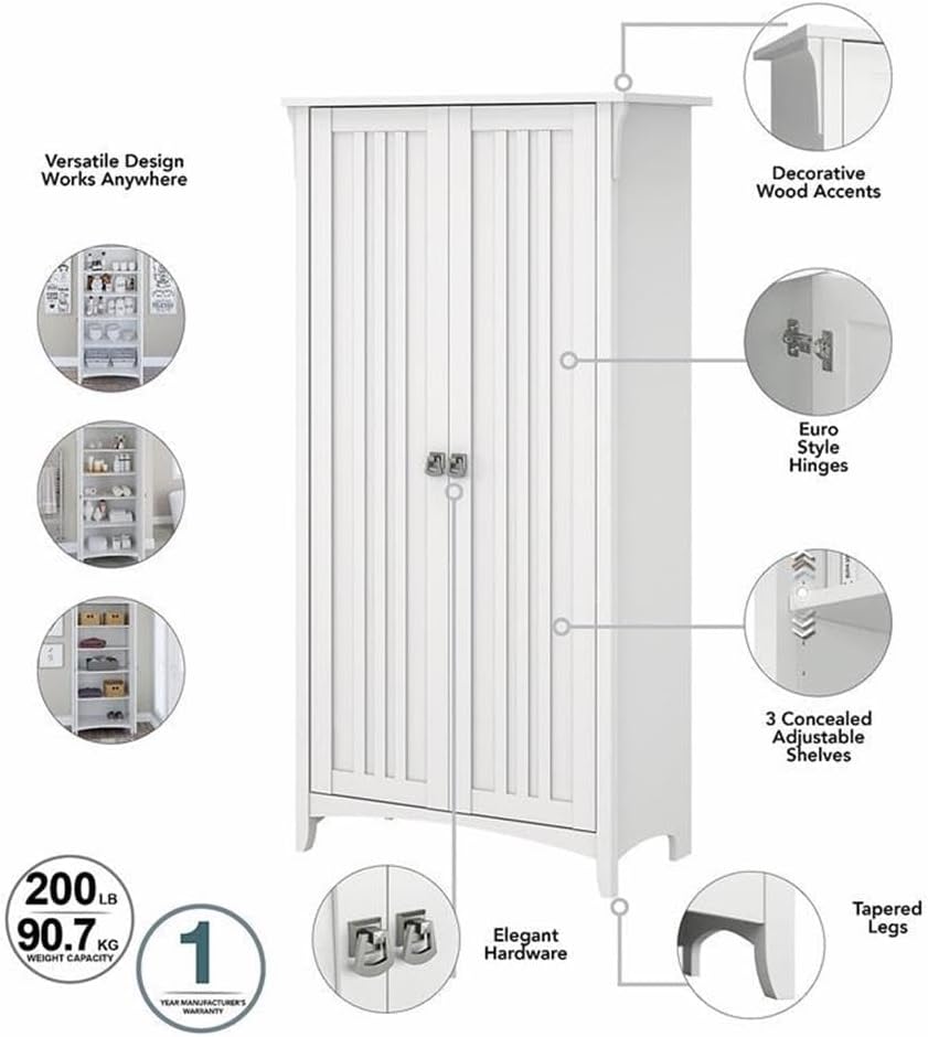 Bush Furniture Salinas Kitchen Pantry Cabinet with Doors in Pure White