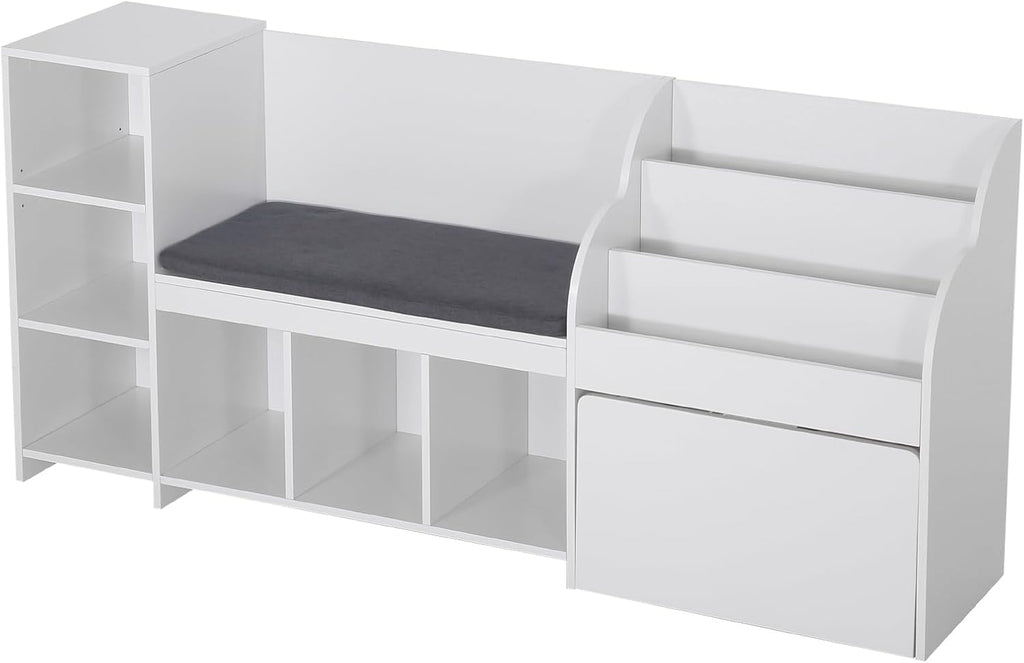 VEVOR Kids Reading Nook, Wooden Storage Bench with Backrest, Kids Bookshelf & Toy Organizer, Large Toy Box Chest for Playroom, Living Room or Entryway, Easy Assembly, 66.9 x 15.8 x 31.5 in, White