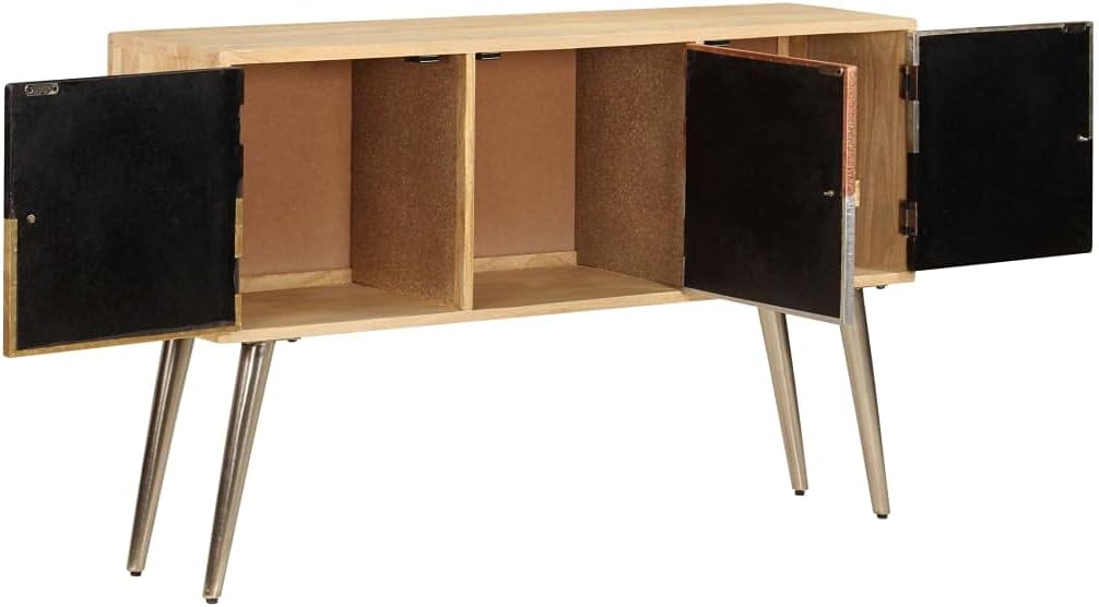 Solid Mango Wood Sideboard with Multicolored Patterns, 3 Compartments Storage Cabinet for Dining Room Living Room Entryway, Modern Furniture with Decorative Inlays and Sturdy