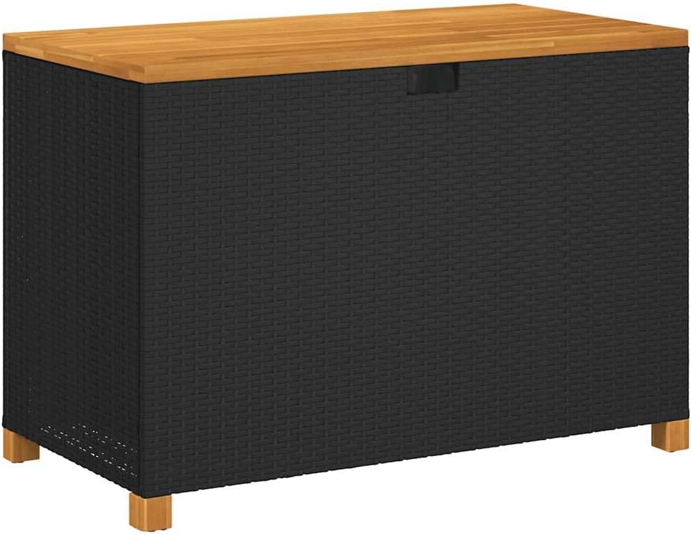 Patio Storage Box Black 43.3"x21.7"x24.8" Poly Rattan Acacia Wood Garden Storage Bench with Waterproof Bag and Gas Spring