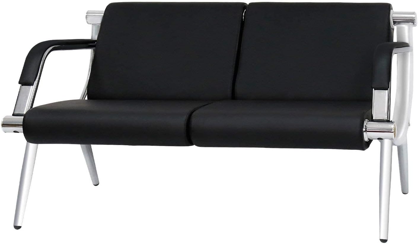 kinbor PU Leather Waiting Room Chairs - 2 Seat Guest Reception Seat Bench with Arms for Airport Hospital Office Salon, Black