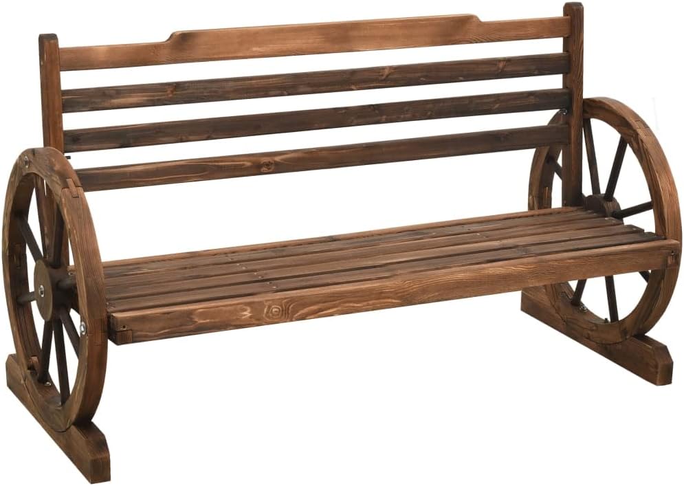 44.1 Inch Garden Bench, 2-Seater Outdoor Wood Bench with Wagon Wheel Armrests, Rustic Firwood Patio Seating for Backyard Balcony Deck, Brown