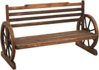 44.1 Inch Garden Bench, 2-Seater Outdoor Wood Bench with Wagon Wheel Armrests, Rustic Firwood Patio Seating for Backyard Balcony Deck, Brown