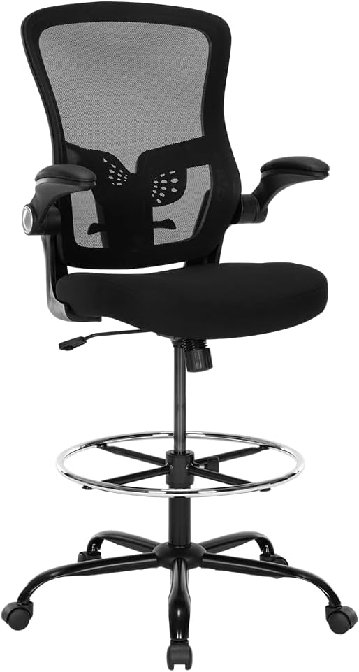 Ergonomic Drafting Chair – Tall Office Chair for Standing Desk, Adjustable Height Mesh Chair with Footrest and Flip-Up Arms, Counter Height, Black