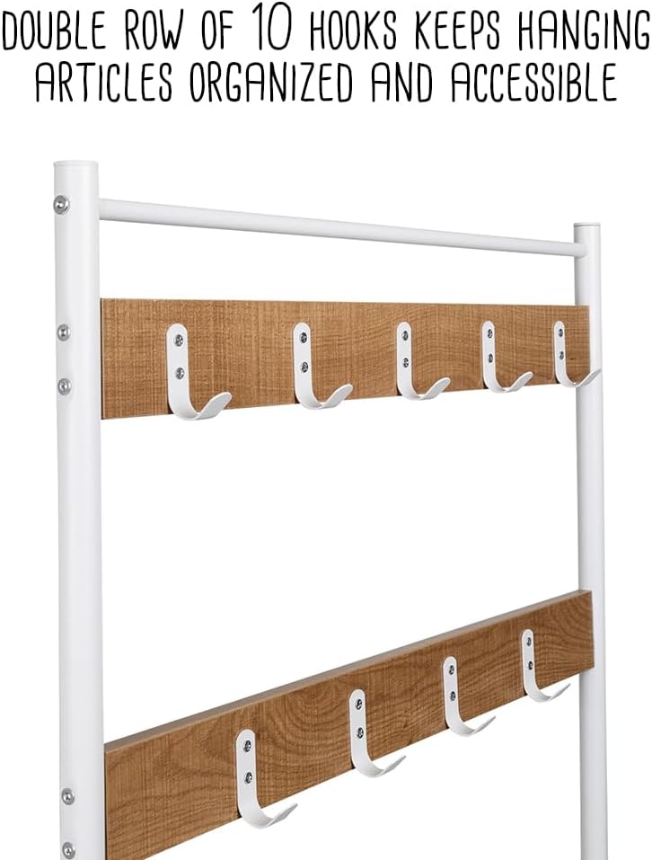 Honey-Can-Do Entryway Hall Tree with Bench and Shoe Storage, White/Walnut SHF-09603 White, 300 lbs