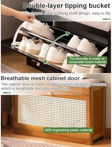 Elegant Bamboo Shoe Rack with Foldable Drawers & Cushion Slim 70cm Space-Saving nizer for Sneakers Heels & Slippers - Stylish Black Entryway Storage Solution