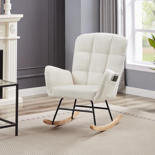 White Teddy Upholstered Glider Rocker, Nursery Rocking Chair with Footrest, Soft High Back Accent Armchair for Bedroom Living Space, Sturdy Iron Frame & Wood Legs, 250Lbs