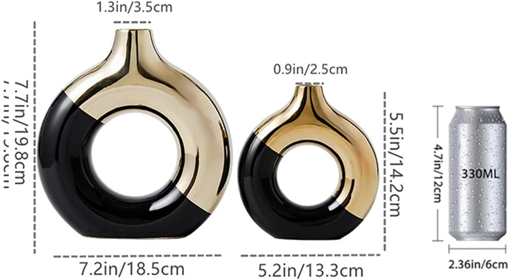 White and Gold Donut Vase, Modern Ceramic Vase for Pampas Grass, Perfect Centerpiece for Weddings, Living Room, and Office Decor (Black Gold, S)