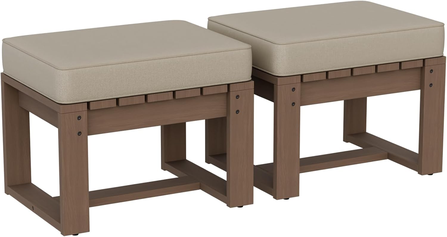 EAGLE PEAK Natural Cedar Outdoor Patio Ottomans with Removable Cushions, Set of 2, Outdoor Real Wood Footrest Contemporary Décor for Deck, Porch, Balcony and Backyard, Brownish/Beige