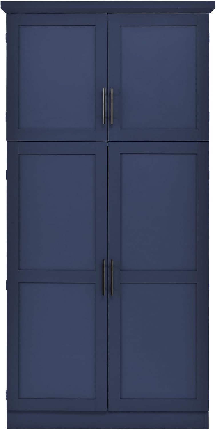 Tall 4 Doors Kitchen Pantry Cabinet with 8 Pull-Out Trays, Freestanding Pantry Storage Cabinet with 2 Door Shelves and Adjustable Shelf for Kitchen, Dining Room (Blue)