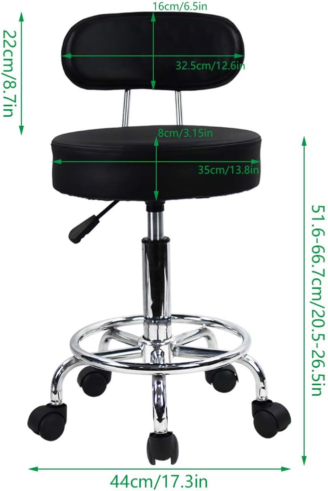 KKTONER PU Leather Rolling Stool Mid-Back with Footrest Height Adjustable Office Computer Home Drafting Swivel Task Chair with Wheels (Black)