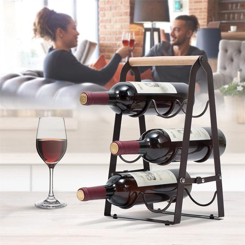 Wine Rack, 6 Bottle Wooden Countertop Free Standing Shelf,3 Tier Bottle Holder Stand for Home Bar Tabletop, Cabinet Inserts, Kitchen, Wine Cellar Storage No Assembly(Black)