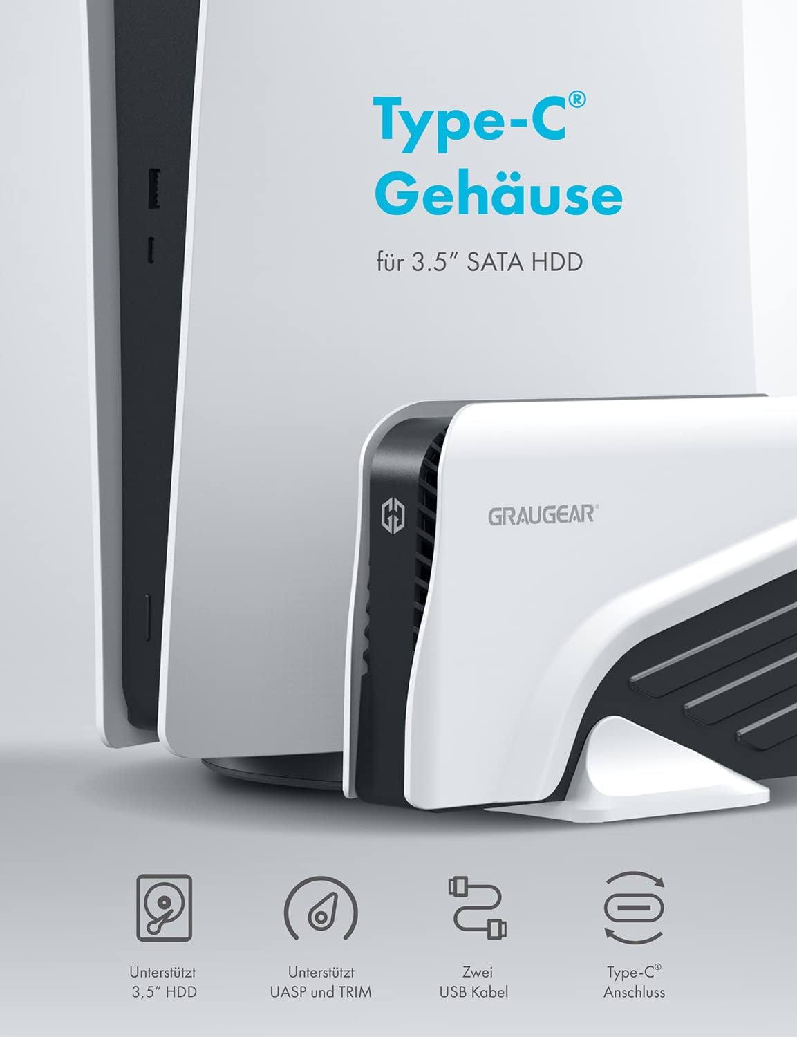 GRAUGEAR 4TB External Hard Drive for PS5, USB Type-C, Type-A, 3.5" 4TB HDD with Power Supply, Formatted for PS4 and PS5
