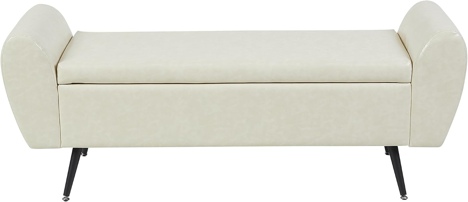 Faux Leather Storage Bench for Bedroom, Extra Long Bench for King Size Bed, Modern Upholstered End of Bed Ottoman Bench with Arms for Entryway Living Room (Faux Leather-Beige)