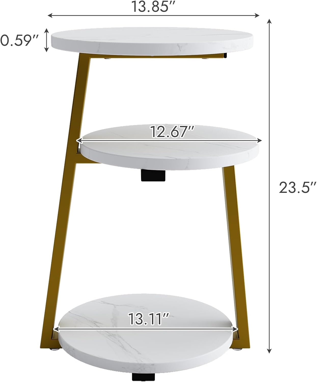 White and Gold Round Side Table with 3-Tier Open Shelves, Modern End Table for Living Room Sofa Side, Small Bedside Nightstand for Bedroom, Sturdy Metal Frame Accent Table for Small Spaces, 14 inch