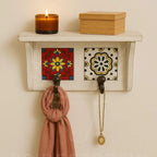 Bohemian Wall Shelf with Hooks, White Rustic Floating Shelf, Decorative Storage Shelf with Floral Tile Accents for Entryway Bedroom Bathroom, 2-Hook Wall Organizer