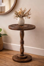 Rustic Wooden End Table 12x22 - Handcrafted Carved Side Table, Burnt Finish Bedside Table for Bedroom, Small Accent Table or Nightstand for Living Room