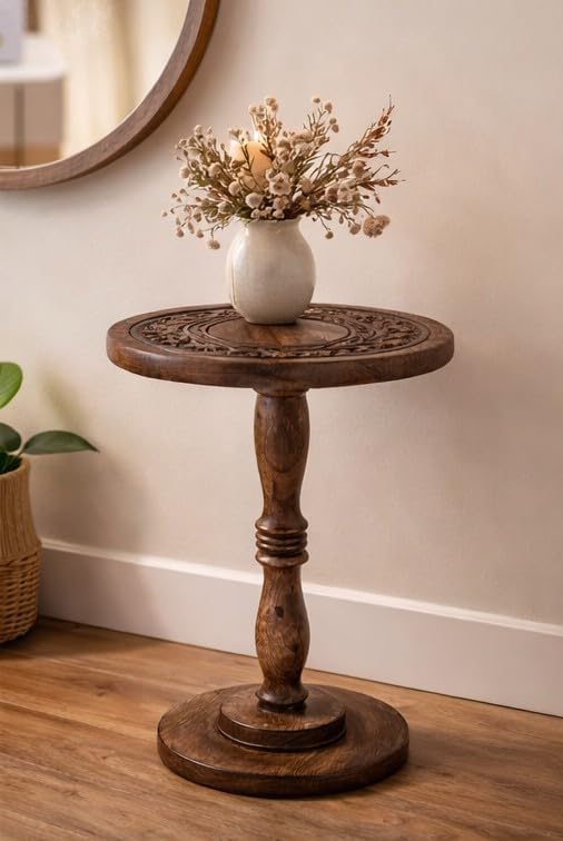 Rustic Wooden End Table 12x22 - Handcrafted Carved Side Table, Burnt Finish Bedside Table for Bedroom, Small Accent Table or Nightstand for Living Room