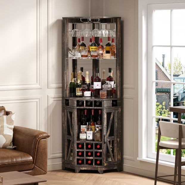 SOFTSEA Farmhouse Kitchen Pantry Cabinet with Barn Door, 72" Tall Corner Bar Cabinet with Acrylic Mirror, Wine Cabinet with Glass Rack, for Living Room Dining Room, 19.7x19.7x72 Inch, Walnut