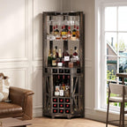 SOFTSEA Farmhouse Kitchen Pantry Cabinet with Barn Door, 72" Tall Corner Bar Cabinet with Acrylic Mirror, Wine Cabinet with Glass Rack, for Living Room Dining Room, 19.7x19.7x72 Inch, Walnut