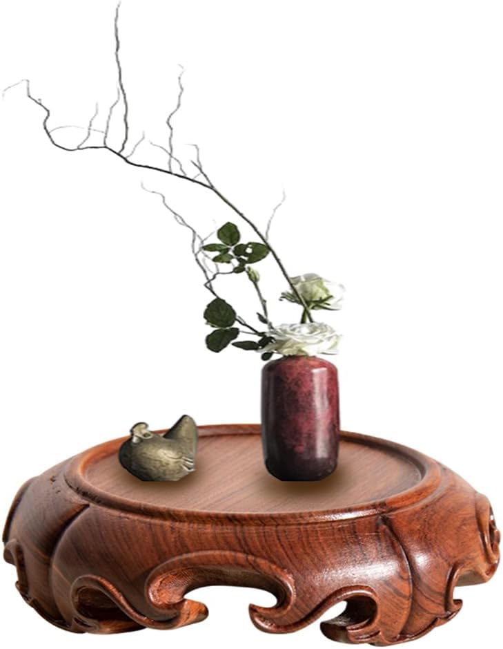 GOLDY&WENDY Beautiful Chinese Carved Round Wooden Pedestal Asian Vase Sturdy Wood Display Holder Base
