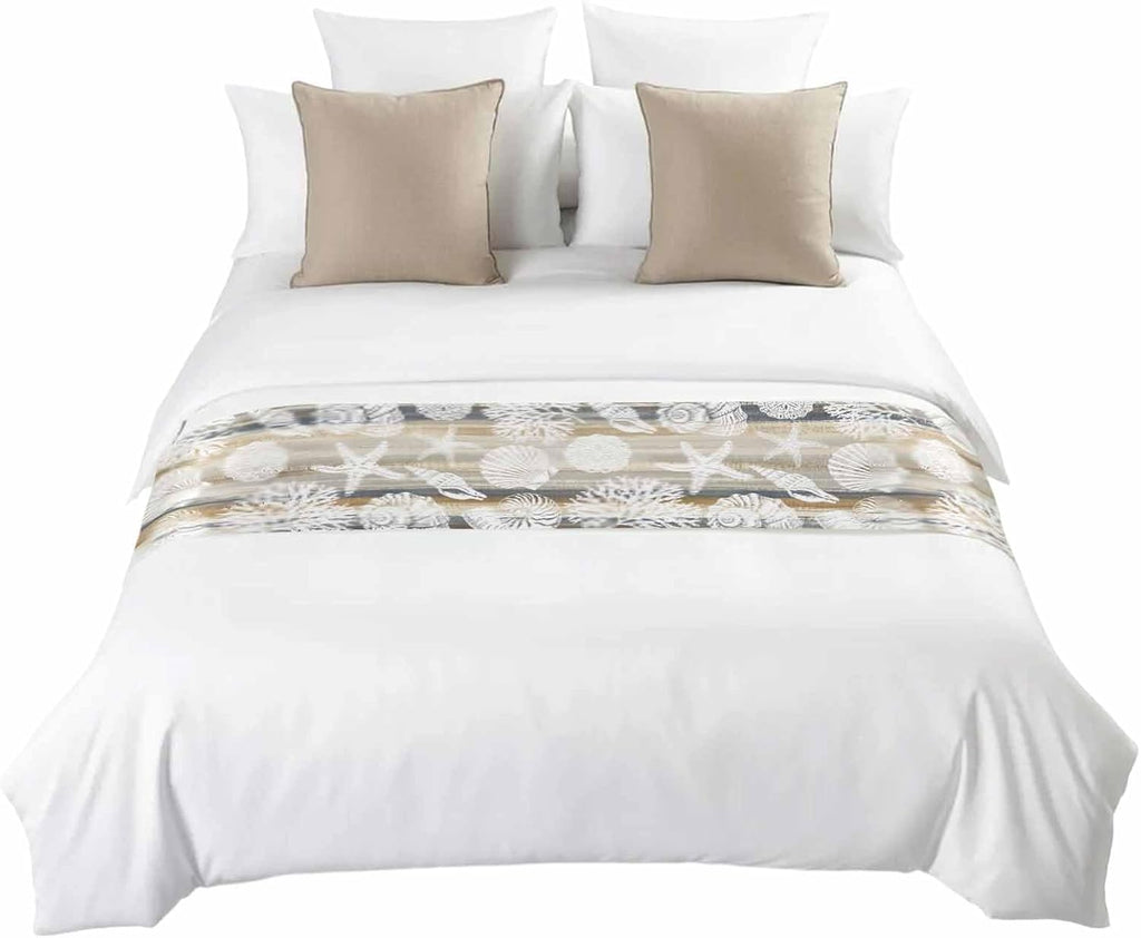 Beige Grey Coastal Bed Runner Scarf Cal King Size, Nautical Beach Starfish Coral Shell Modern Luxury Bed Throw Runners & Scarves for Twin Full Queen King Foot of Beds, Bedroom Decoration, 102"x20"