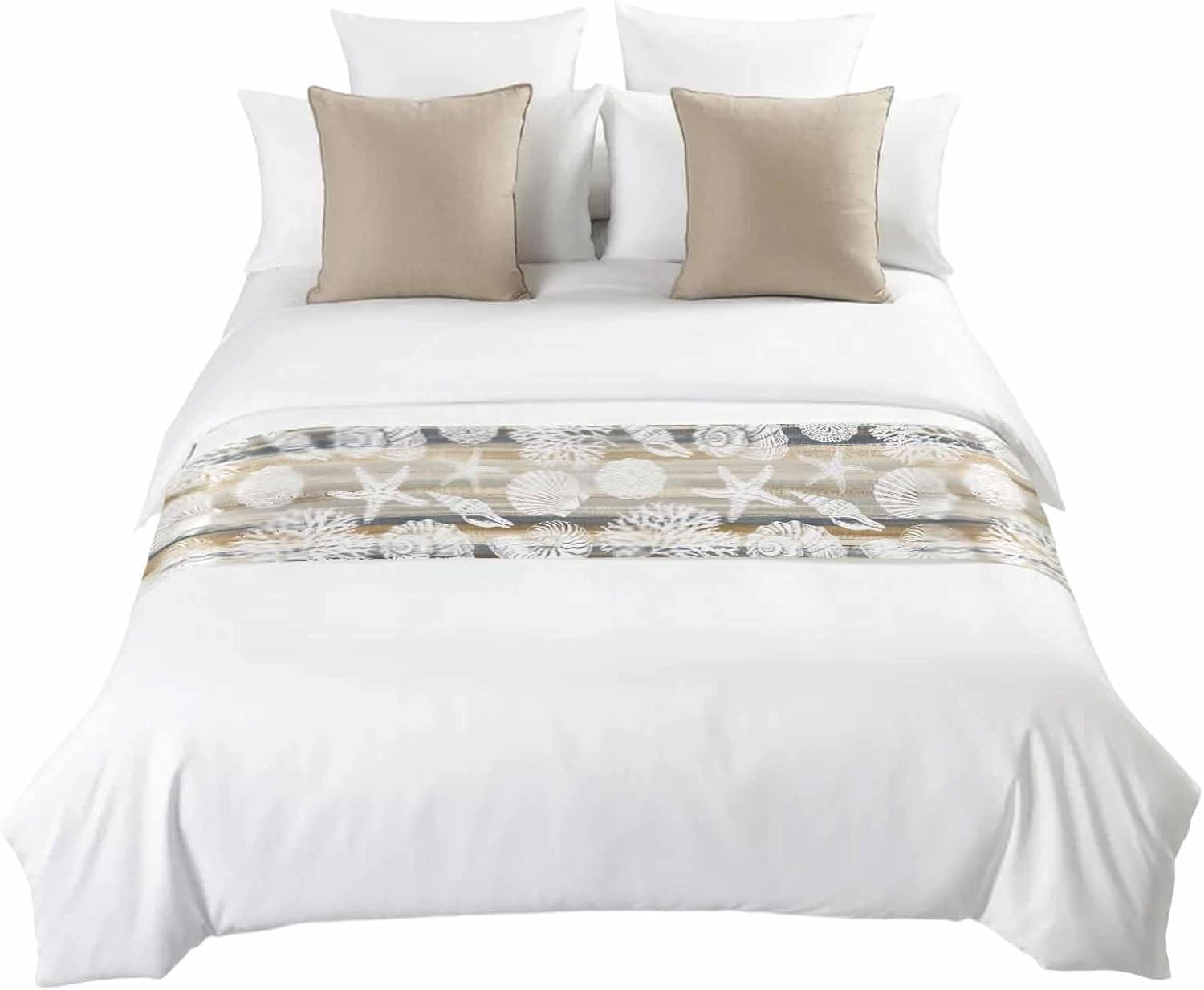 Beige Grey Coastal Bed Runner Scarf Cal King Size, Nautical Beach Starfish Coral Shell Modern Luxury Bed Throw Runners & Scarves for Twin Full Queen King Foot of Beds, Bedroom Decoration, 102"x20"