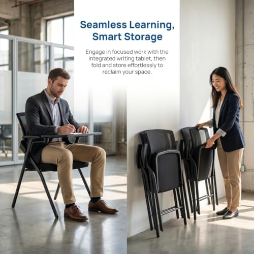 Folding Training Chair with Tablet Arm & Cup Holder – Space-Saving Nesting Chair for Conference Room, Classroom, School, Seminar, Office Meeting