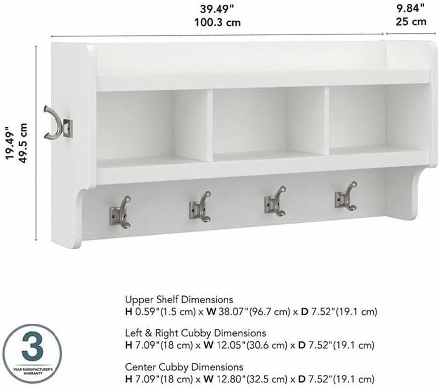 Bush Home Woodland 40W Wall Mounted Coat Rack with Shelf in White Ash | Cubbies and Hooks for Entryway, Mudroom, Foyer Storage